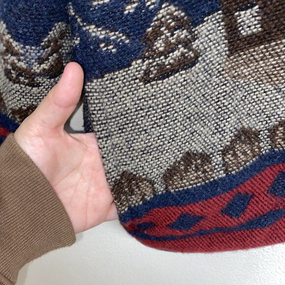 Vintage Cottagecore Jacket Unisex XL Blue Winter Mountains Cabin Wool Cardigan - Picture 5 of 9